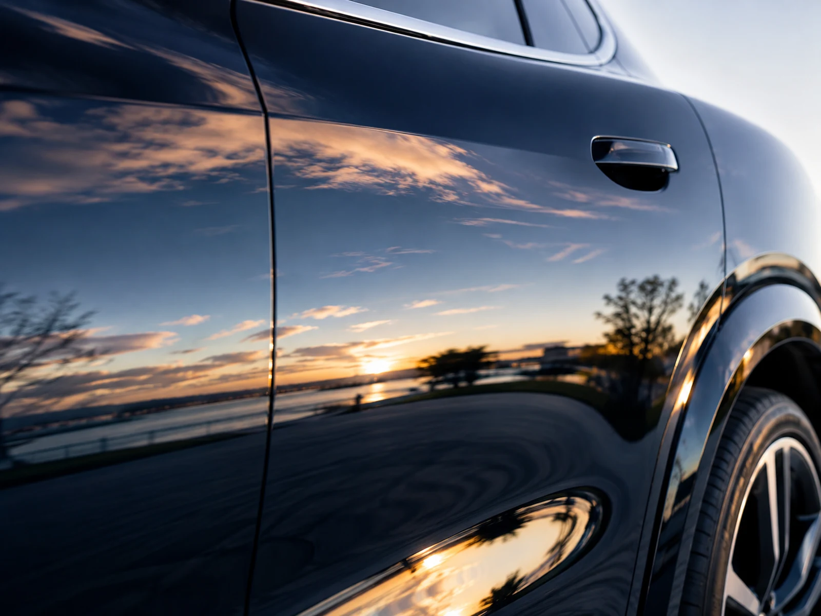 A polisher on car paintwork with a clear reflection