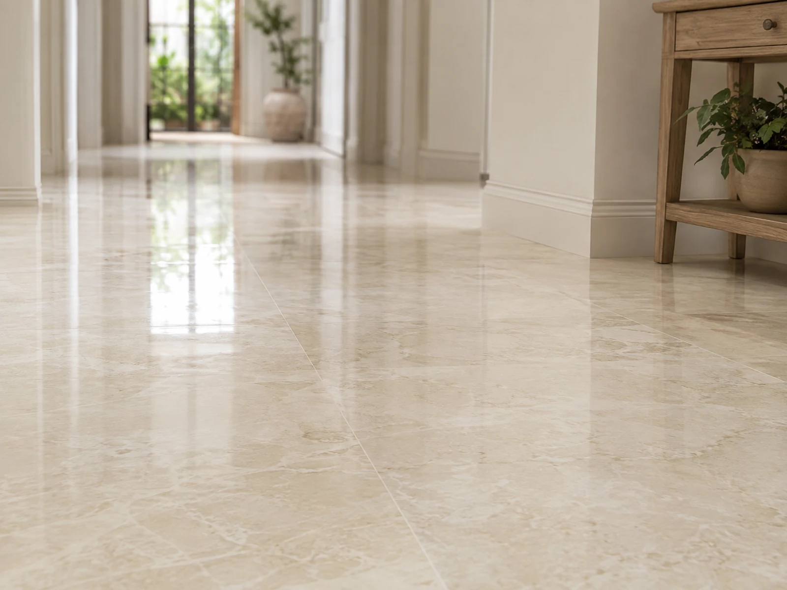 A mop crossing a tiled floor, clean and unclean sides visible