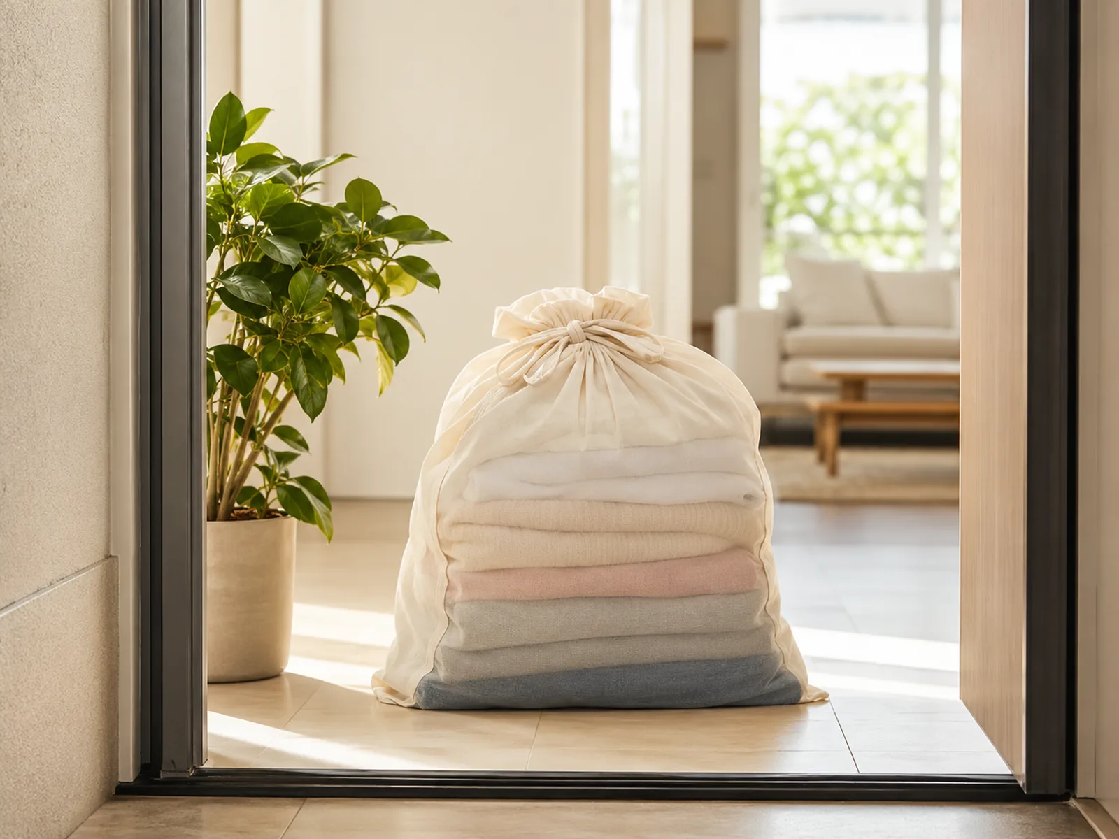 A laundry bag being handed over at a front door