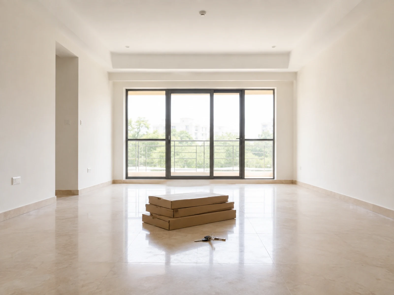 An empty room with clean floors and bare windows