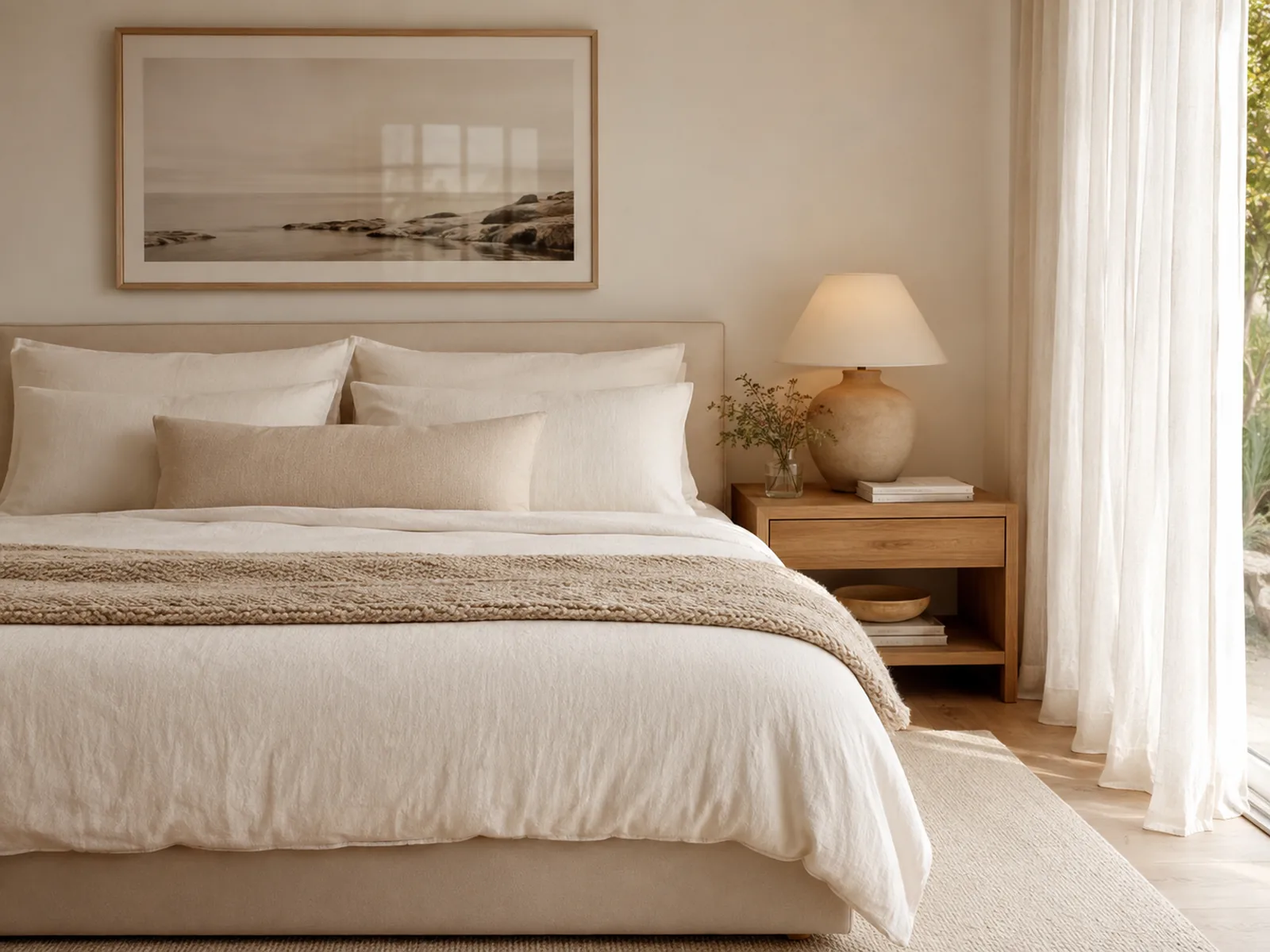A neatly made bed and tidy bedside table in soft daylight