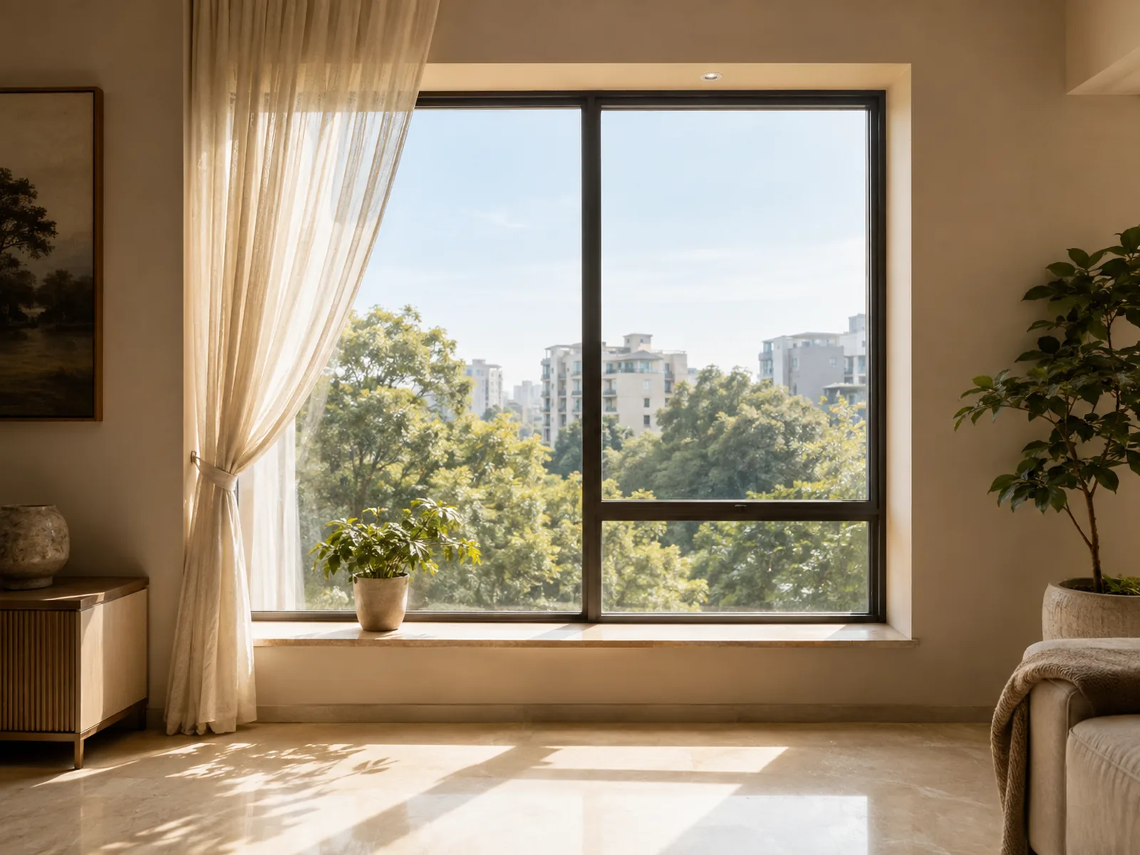 A hand cleaning interior window glass from inside a room